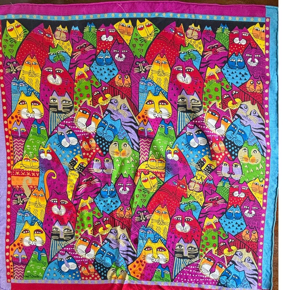 Vintage Laurel Burch Scarf Fantasticats Cat Print Square Silk Scarf